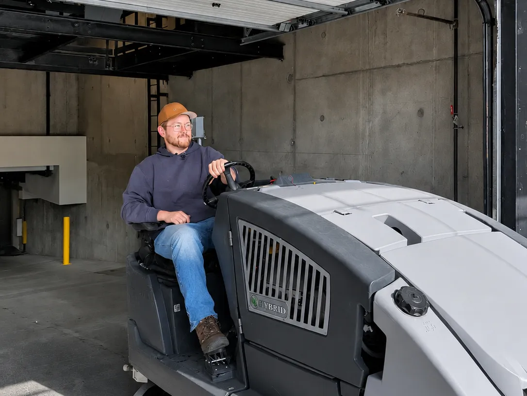 LDC operator running a ride-on scrubber in a parkade